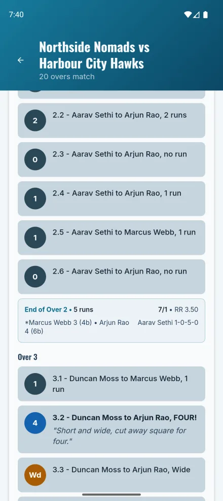 Ball-by-ball log with commentary on each delivery and an end-of-over summary