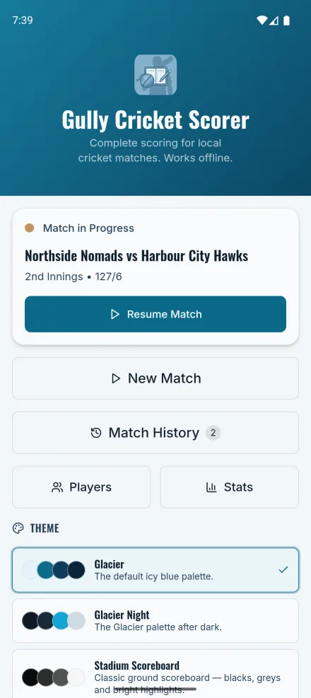Home screen with resume match, new match and match history