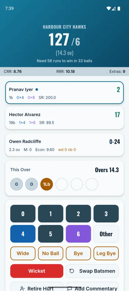 The scoring screen showing the current batsmen, bowler figures and run buttons