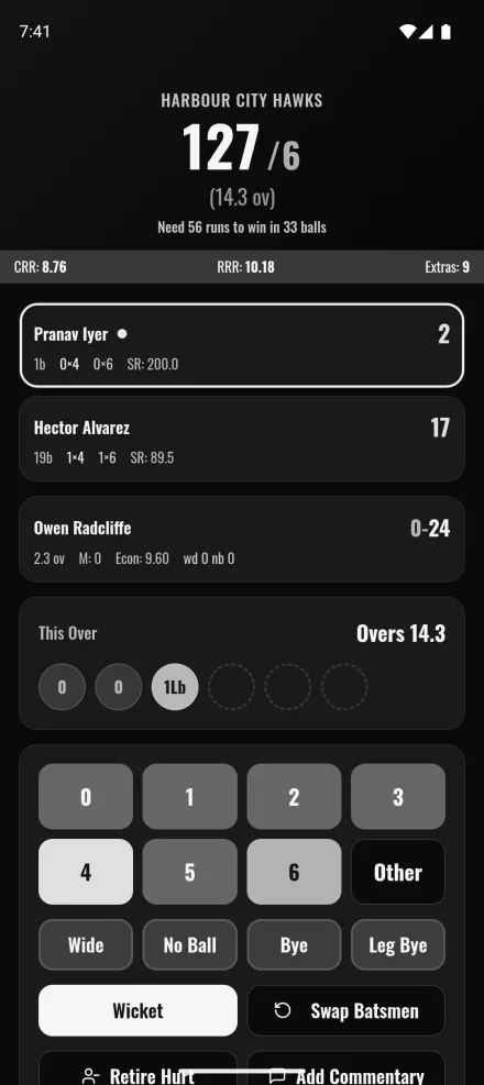 The scoring screen in the Stadium Scoreboard theme, in blacks and greys